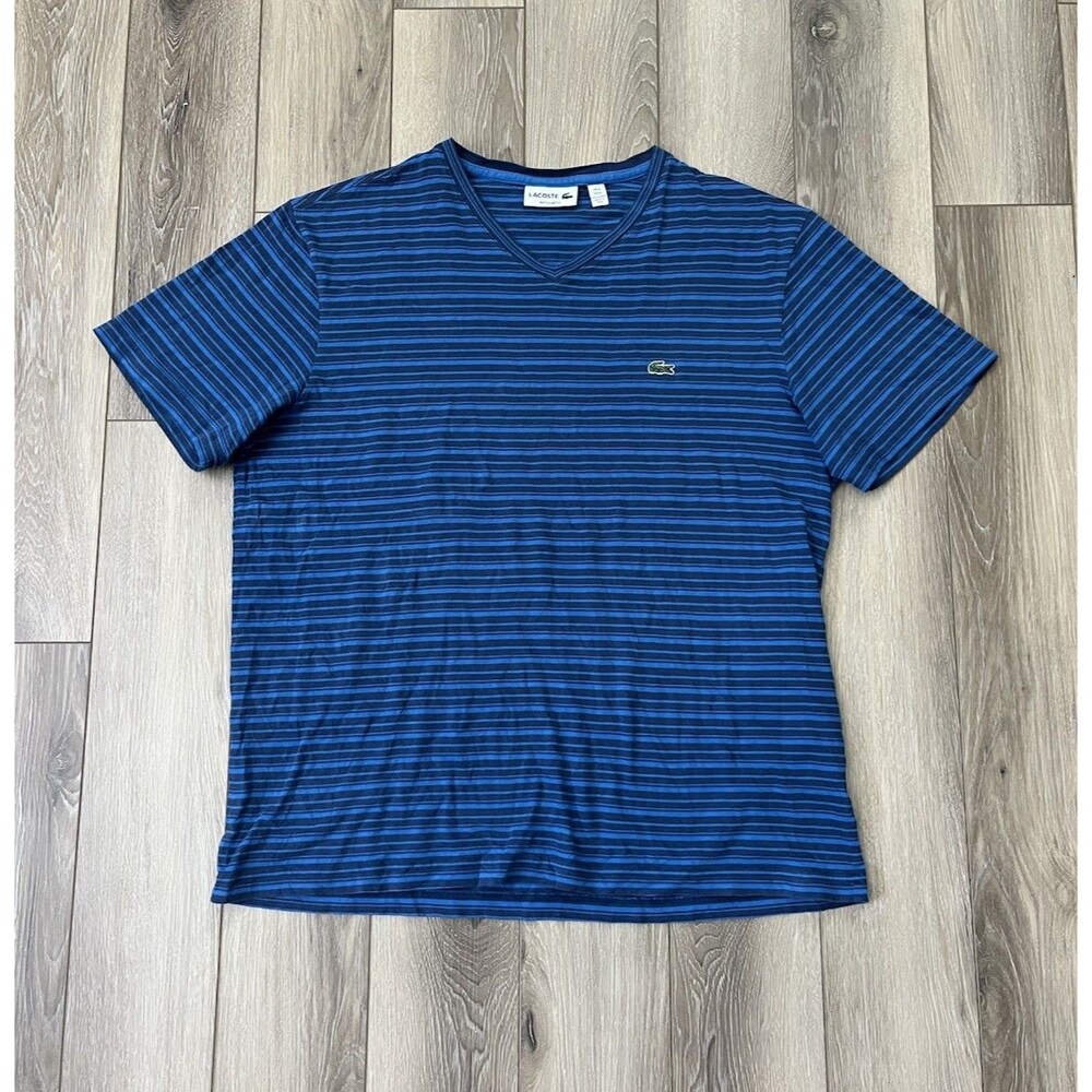Lacoste Men's Striped Short Sleeve T-Shirt Blue/Black Regular Fit Size XL (6)